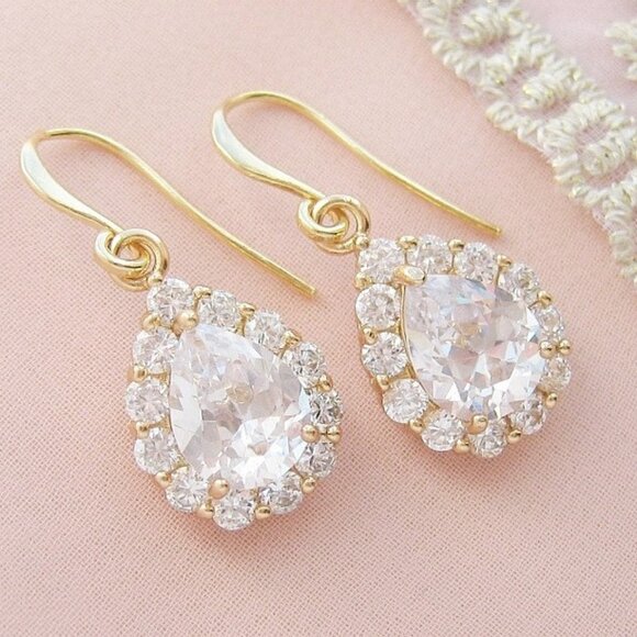 Gold CZ Diamond Earrings Teardrop Pierced Dangle Pear Cut Halo NWT Nadri Style - Picture 2 of 7